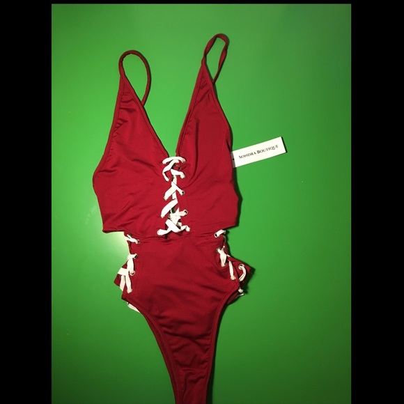 Sondra Boutique Swim Beautiful Red High Cut Lace Up One Piece